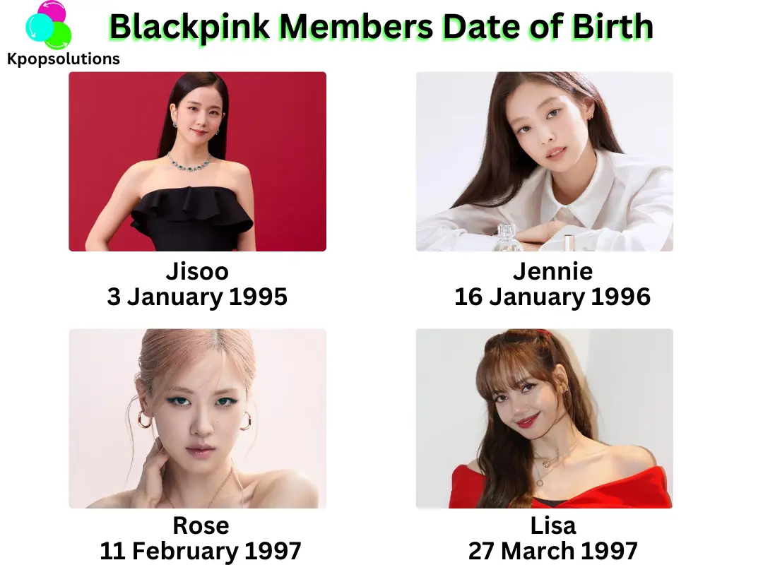 Blackpink members date of birth and current age: Jisoo, Jennie, Rosé, and Lisa.
