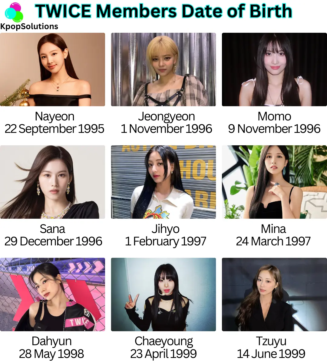 TWICE members date of birth and current ages: Nayeon, Jeongyeon, Momo, Sana, Jihyo, Mina, Dahyun, Chaeyoung, and Tzuyu.