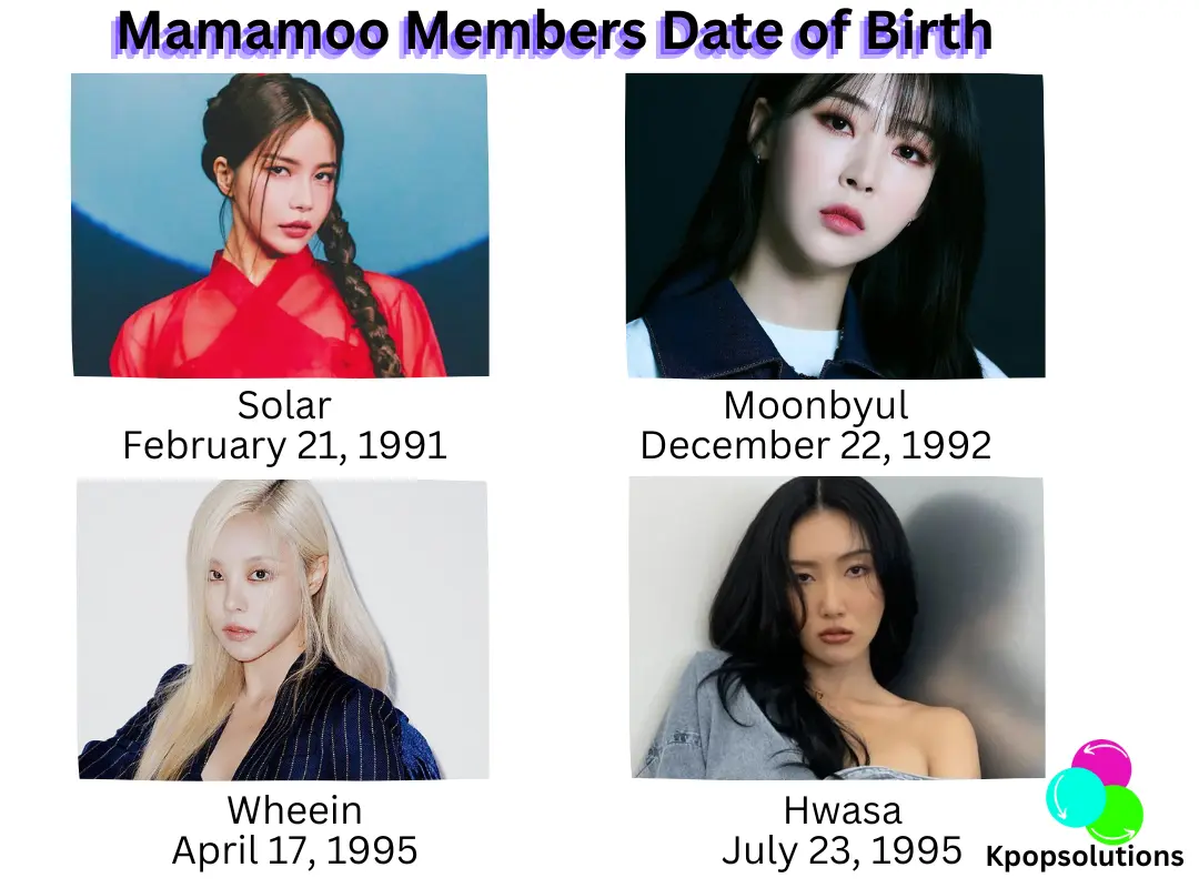 Mamamoo members date of birth and current ages: Solar, Moonbyul, Wheein, and Hwasa in order.